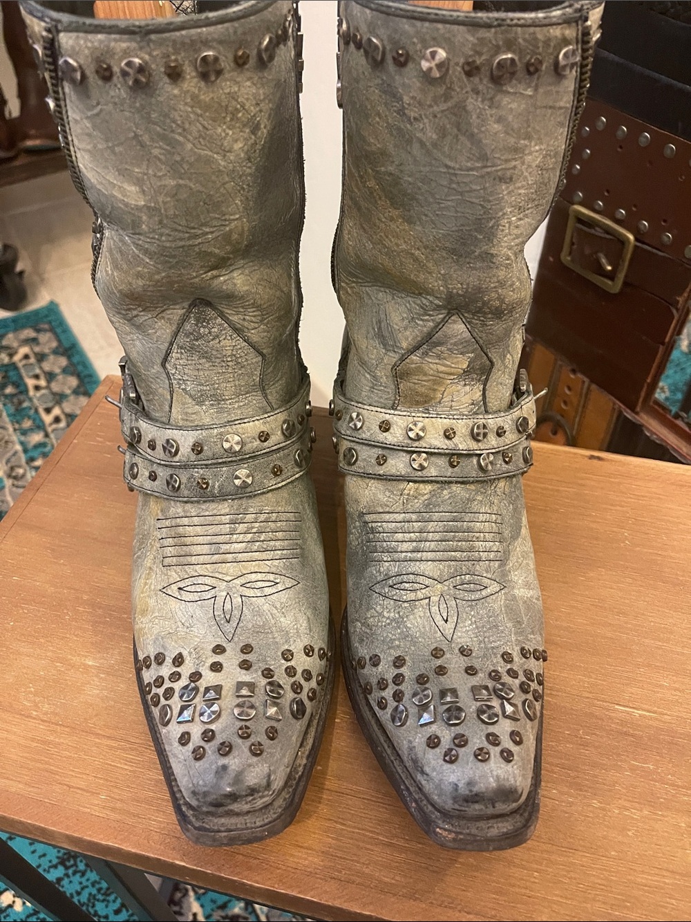 Double D Ranch Distressed Studded Gray Cowboy Boots - Picture 2 of 10